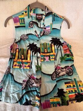 Vintage Tory Richard-Harley Davidson Collaboration Hawaiian Sleeveless Blouse.